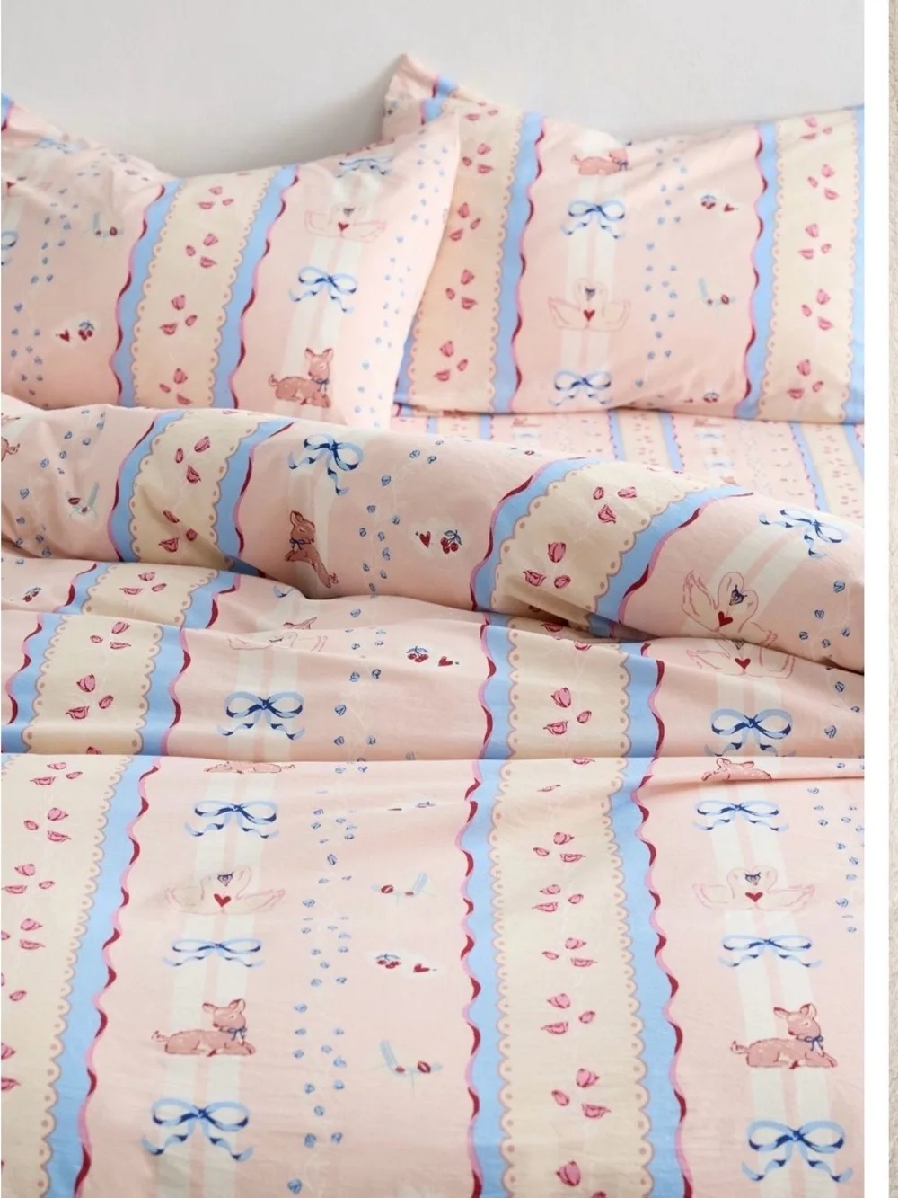Urban Outfitters Molly Cozy Pink Striped Floral & Bow Cotton duvet Set
